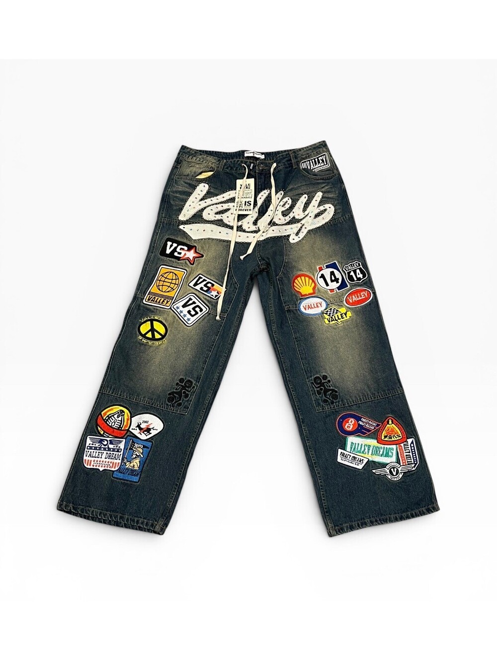 Relaxed Dark Blue Patchwork Jeans with Drawstring Waist